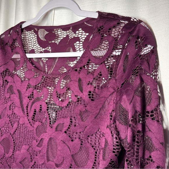 INC Women's Lace Top Sheer Bell Sleeve Purple Burgundy Size S Dark Fairy Boho - Picture 2 of 9